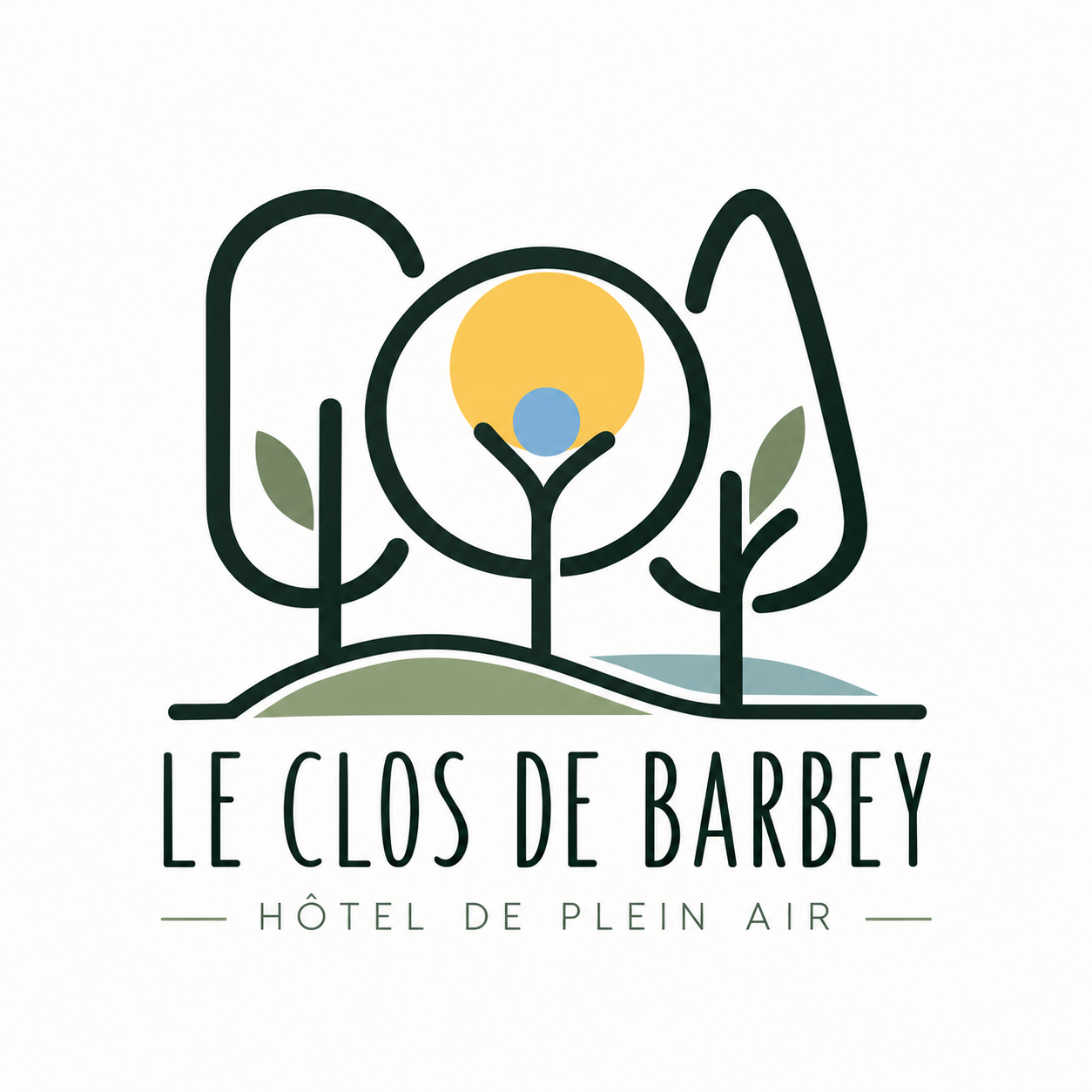 Logo actualisé du Clos de Barbey : arbres vert foncé avec feuillage, soleil jaune, disque bleu et relief courbe
